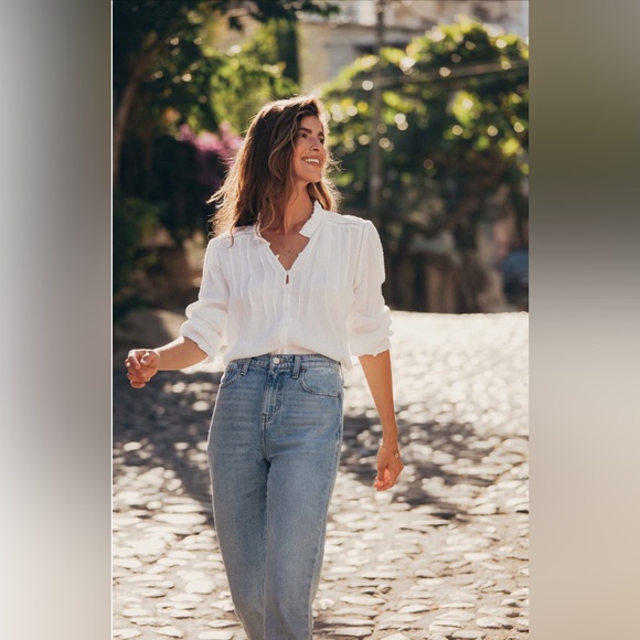 Faherty Willa Button Front Peasant Blouse Size L $158 - Picture 6 of 10